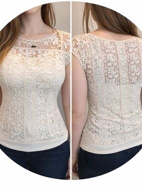 Women's Cream Lace Overlay Short Sleeve Top